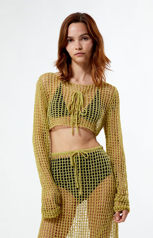 Open Knit Lace-Up Long Sleeve Top image number 1