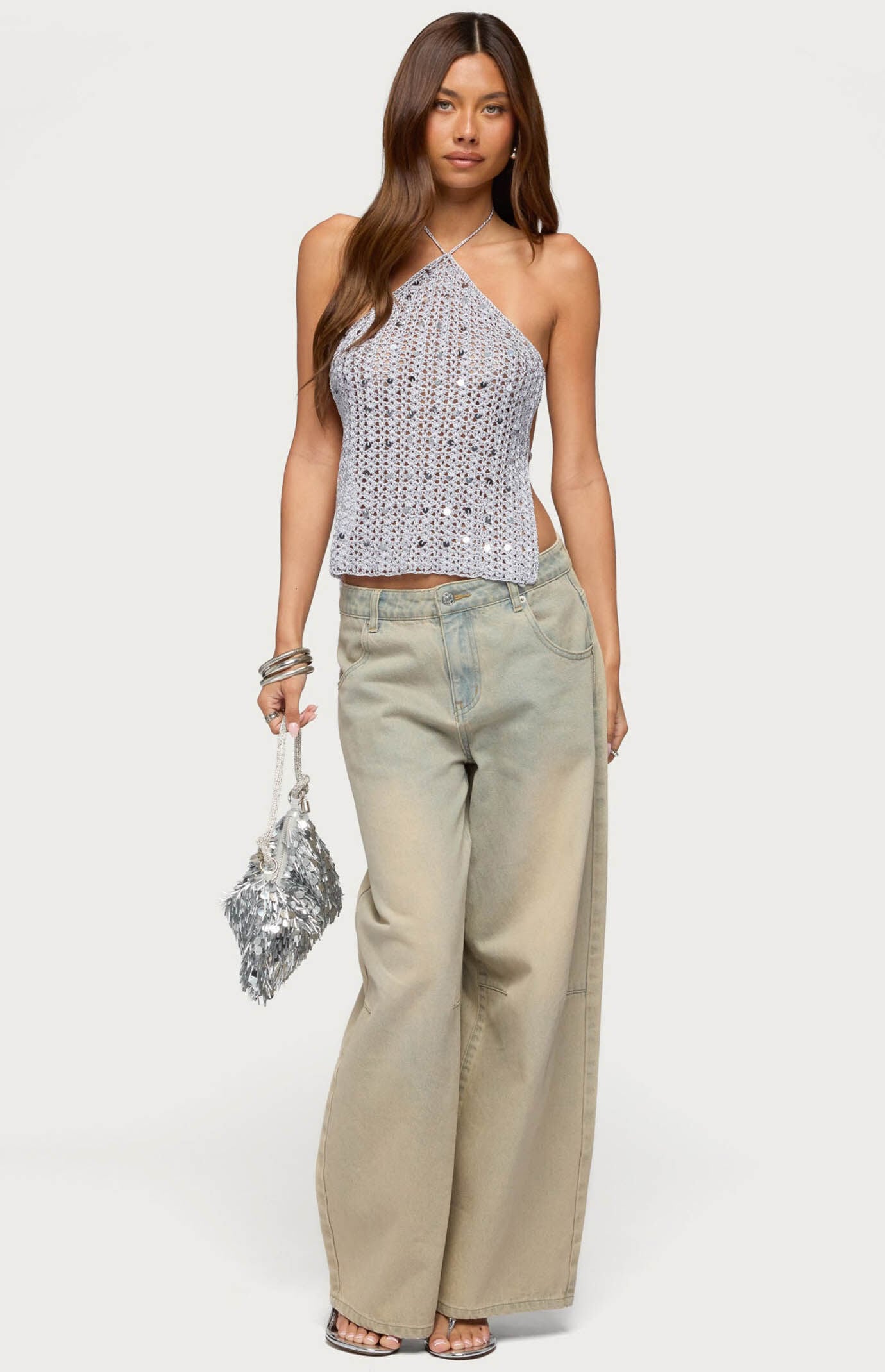 Edikted Thaly Backless Sequin Crochet Halter Top
