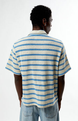Blue Striped Texture Oversized Resort Camp Shirt image number 3