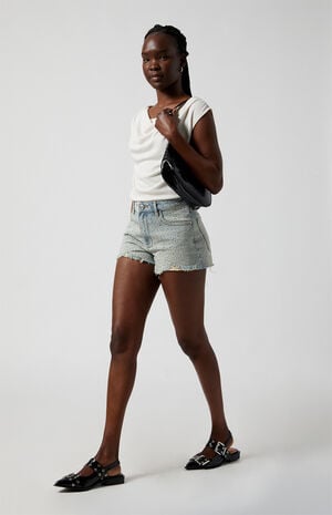 Light Indigo Rhinestone High Waisted Denim Festival Shorts image number 5