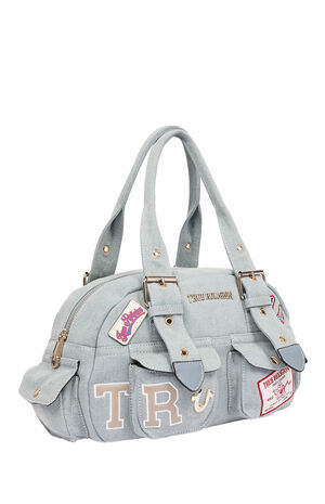 Denim Blue Multi Patch Satchel Bag image number 2