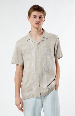 Gray Stitch Pattern Woven Camp Shirt