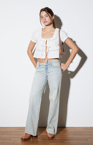 Short Sleeve Tie Front Embroidered Top image number 4