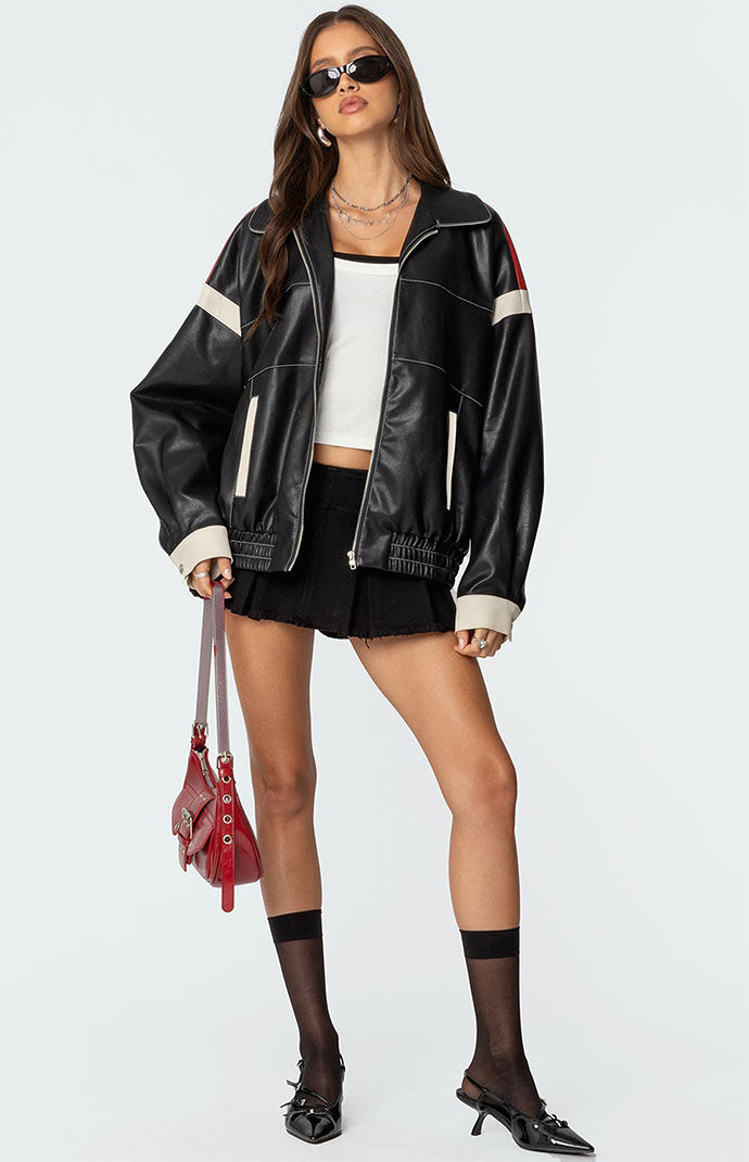 FAUX LEATHER TUCK ジャケット shrunken faux leather jacket - Black | Weekday WW