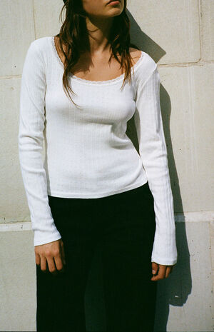 White Mckenna Pointelle Long Sleeve Top image number 2