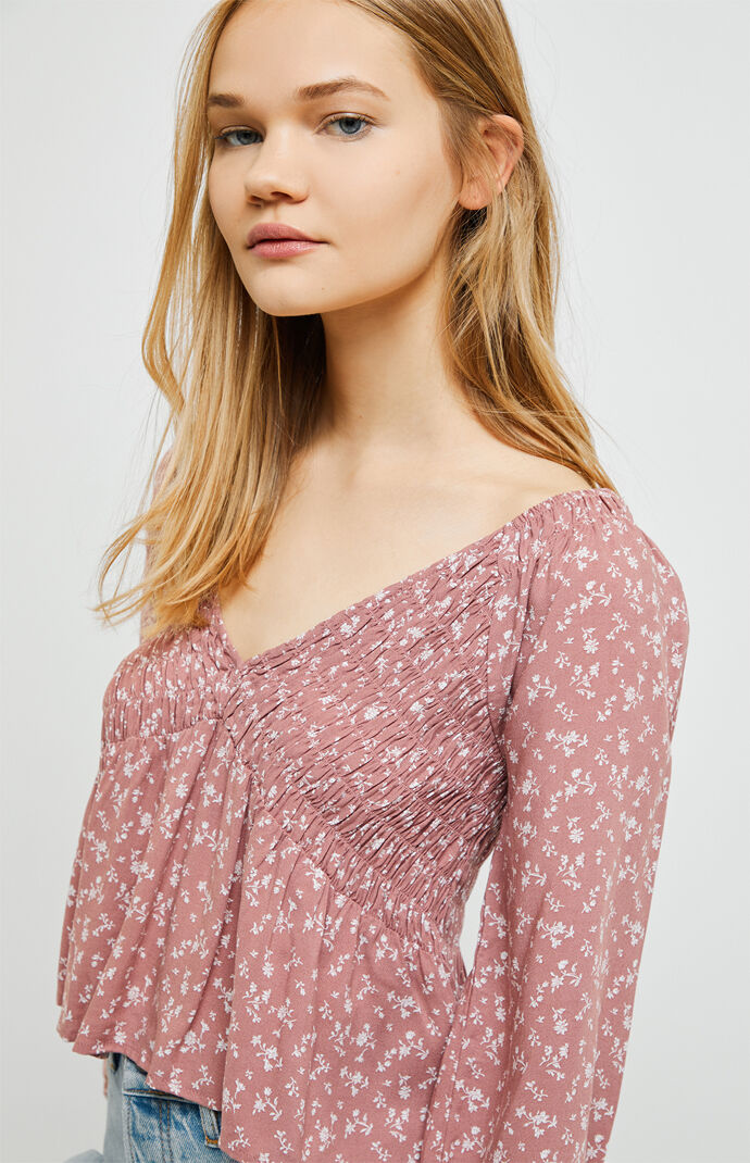 Long Sleeve Smocked V-Neck Babydoll Top