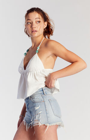 Light Indigo Ripped Button Fly High Waisted Denim Festival Shorts image number 2