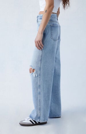 Eco Light Blue Ripped Low Rise Baggy Jeans image number 3