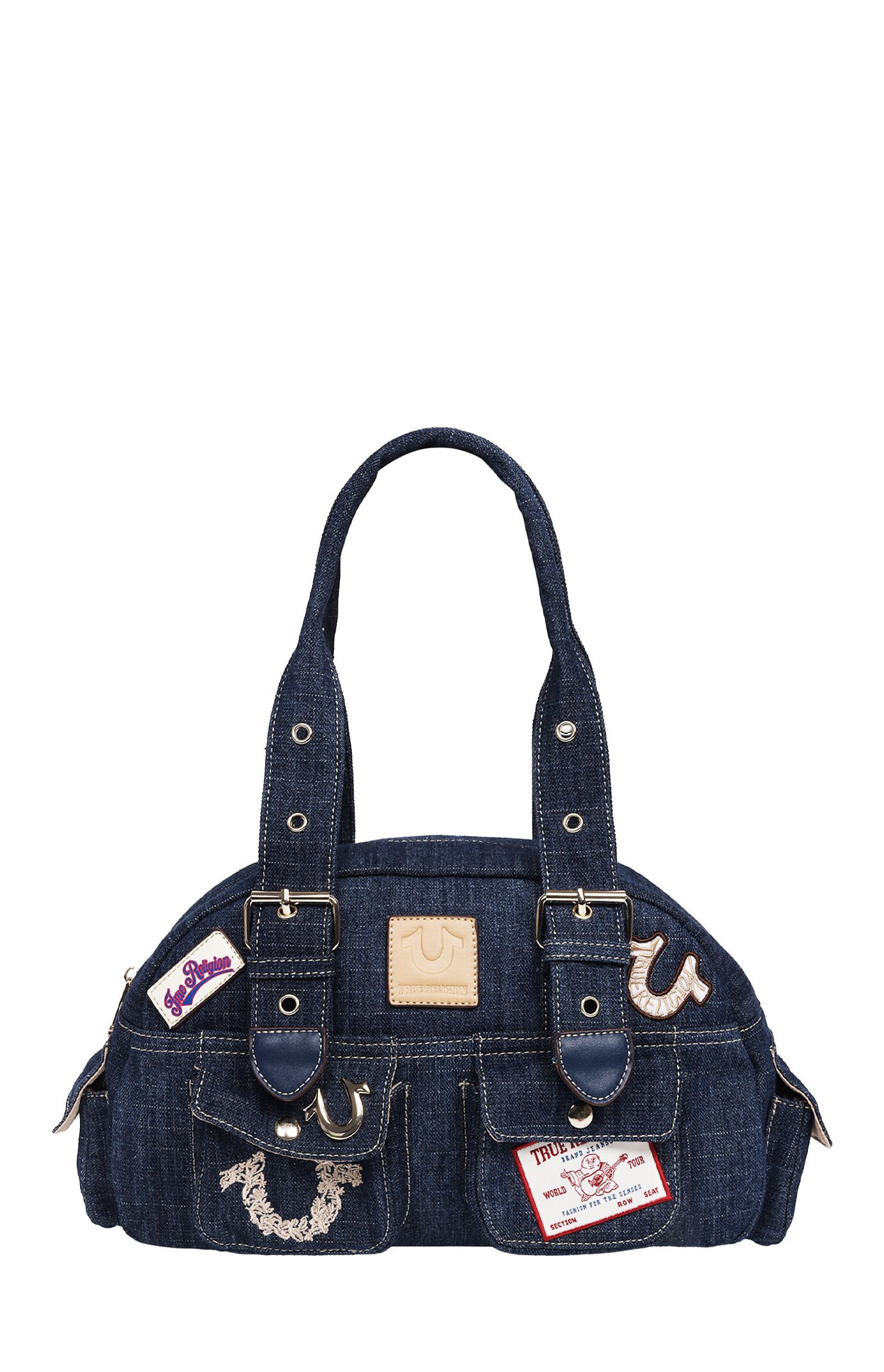 True Religion Dark Denim Multi Patch Satchel Bag