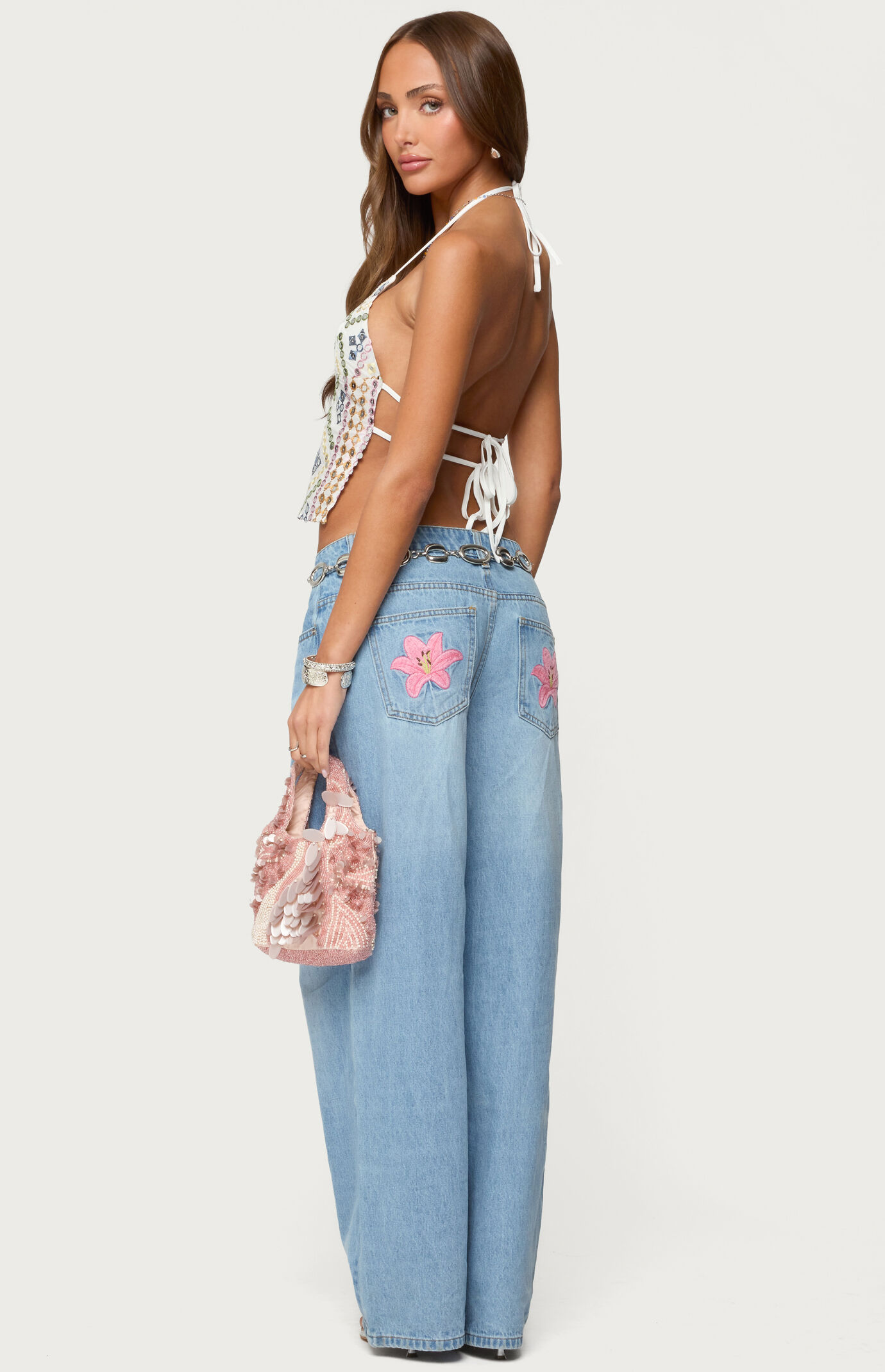 Edikted Mirra Embroidered Flower Low Rise Jeans