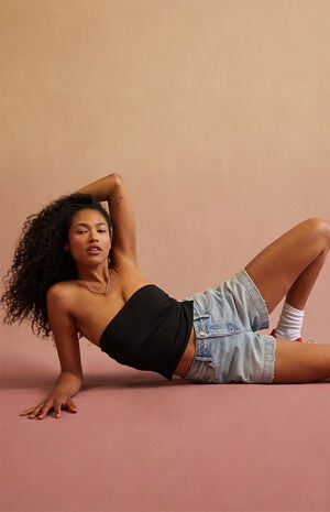 Light Blue A-Line Denim Mom Shorts image number 1