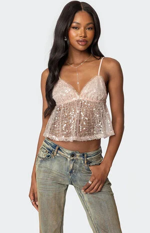 Sheer Sequin Babydoll Tank Top image number 1