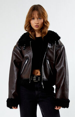 Cropped Faux Leather Sherpa Moto Jacket image number 1