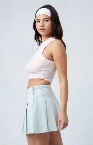 Eco Light Indigo Mid Rise Pleated Denim Mini Skirt image number 3