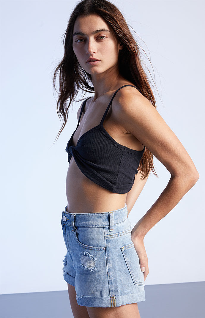 Light Blue Ripped Denim Mom Shorts