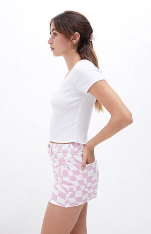 Pink Checkerboard High Waisted Denim Festival Shorts image number 3