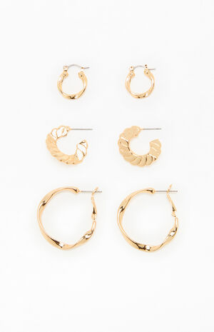 3 Pack Gold Textured Hoop Earrings image number 2