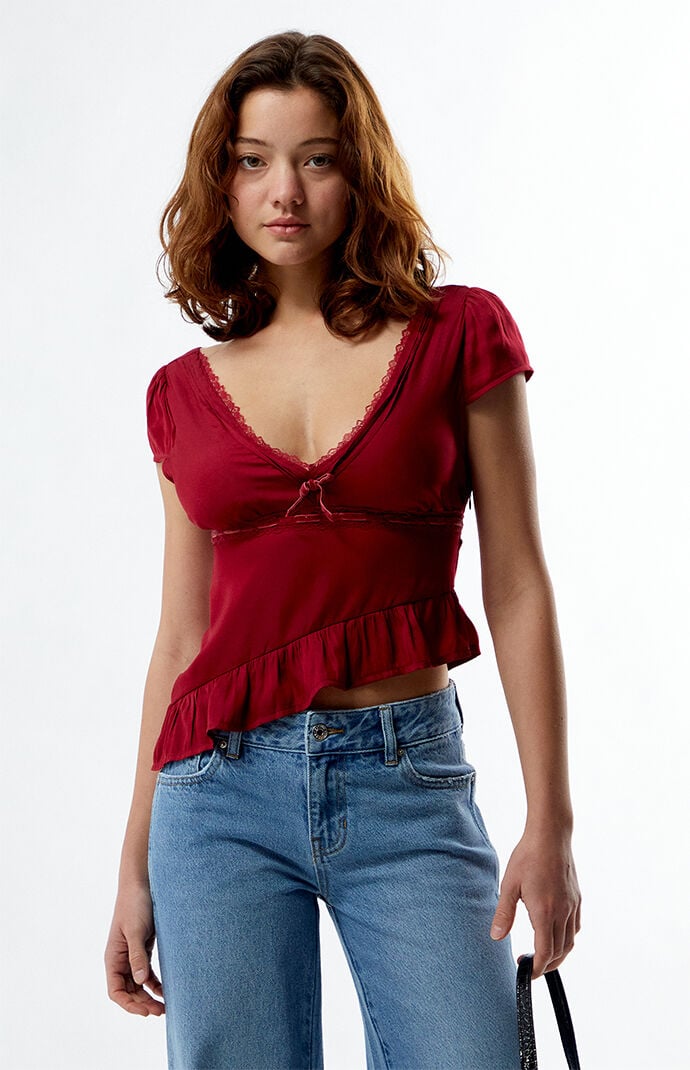 LA Hearts Lace Trim Asymmetrical Top