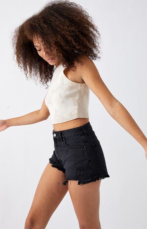 Black Distressed High Waisted Denim Festival Shorts image number 3