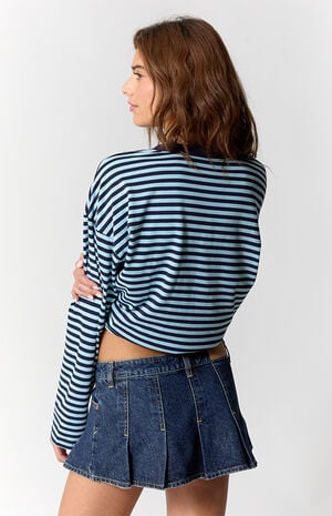 Piper Dark Blue Pleated Low Rise Jean Micro Skirt image number 4