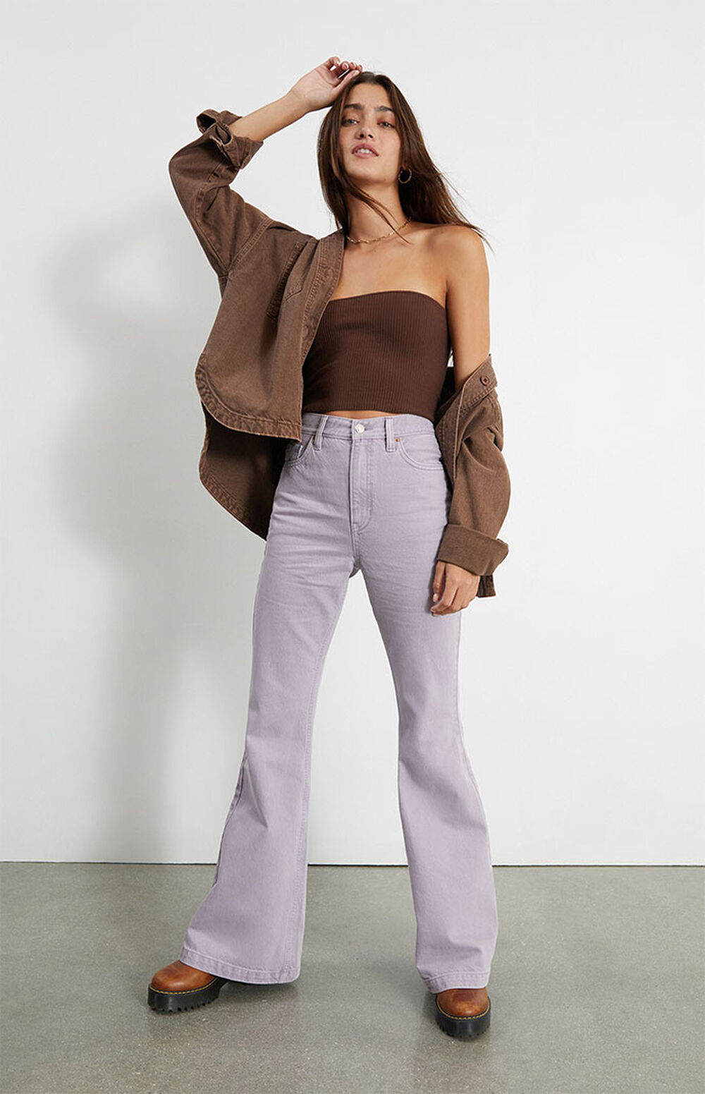 Purple High Waisted Ribbed Flare Pants