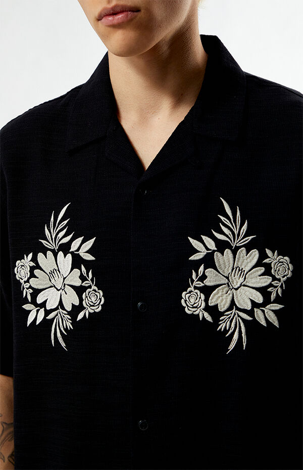 Pacsun Black Floral Embroidered Oversized Resort Camp Shirt