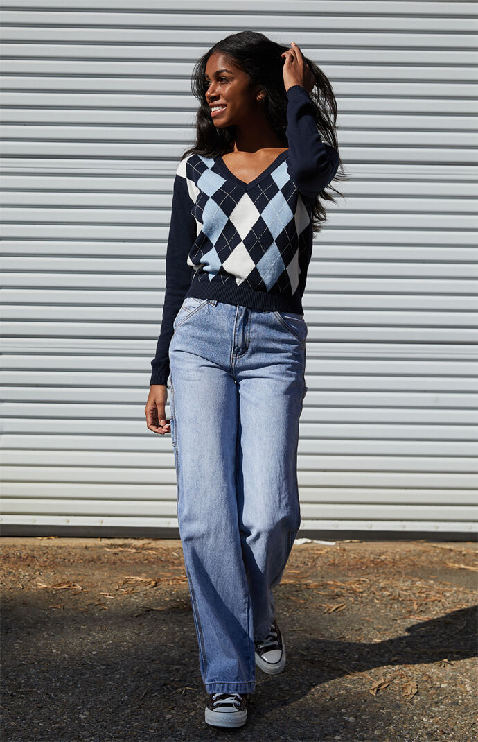 V neck outlet argyle sweater