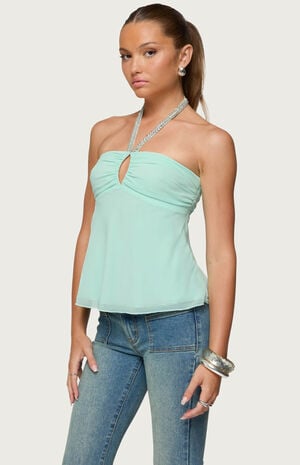 Sequin Chiffon Keyhole Halter Top image number 2