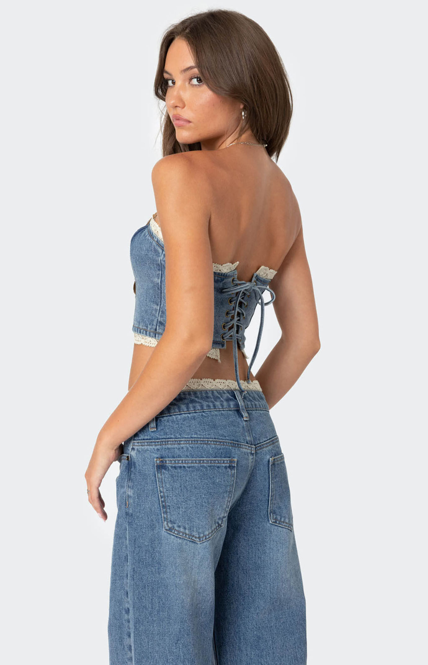 Edikted Karlie Lace Trim Denim Tube Top | PacSun