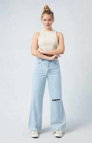 Eco Light Blue Ripped Wide Leg Jeans image number 4
