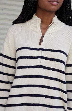White & Navy Striped Quarter Zip Sweater image number 2