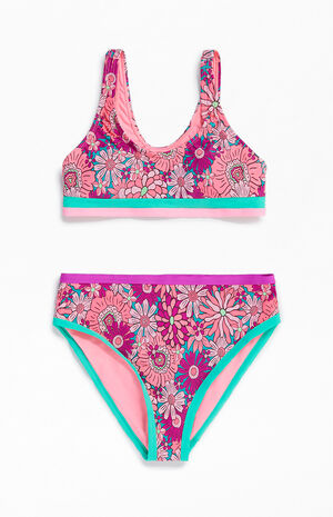 Kids Colorblock Waistband Floral Bikini Top & Bottom Set image number 1