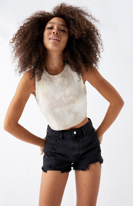 Black Distressed High Waisted Denim Festival Shorts