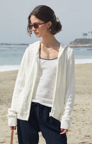 White Cable Knit Zip Up Hooded Sweater