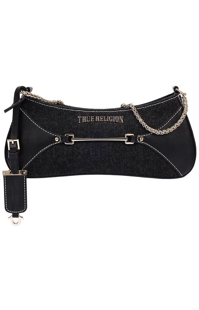 True Religion Top Zip Black Denim Shoulder Bag