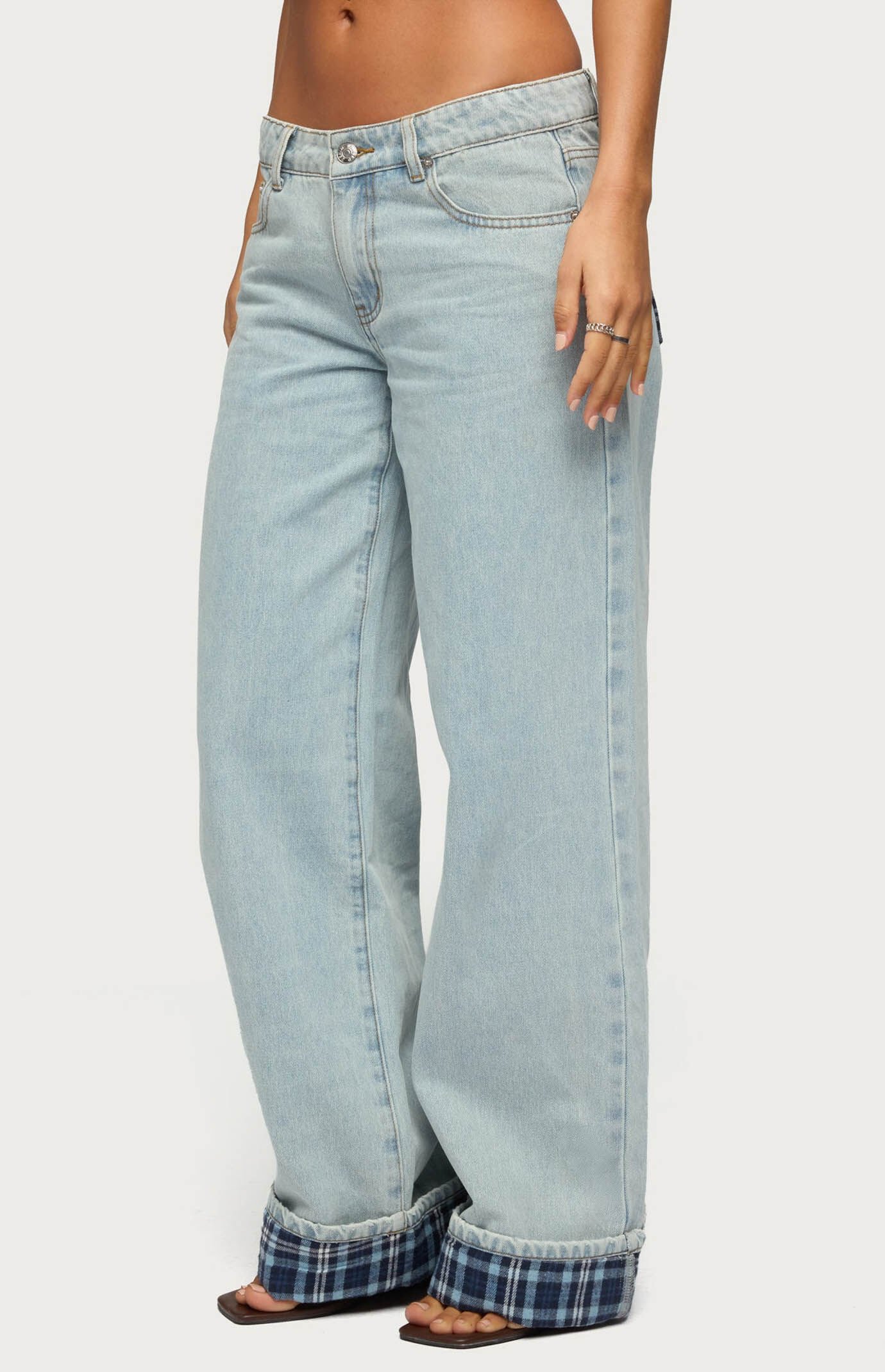 Edikted Plaid Cuffed Low Rise Baggy Jeans