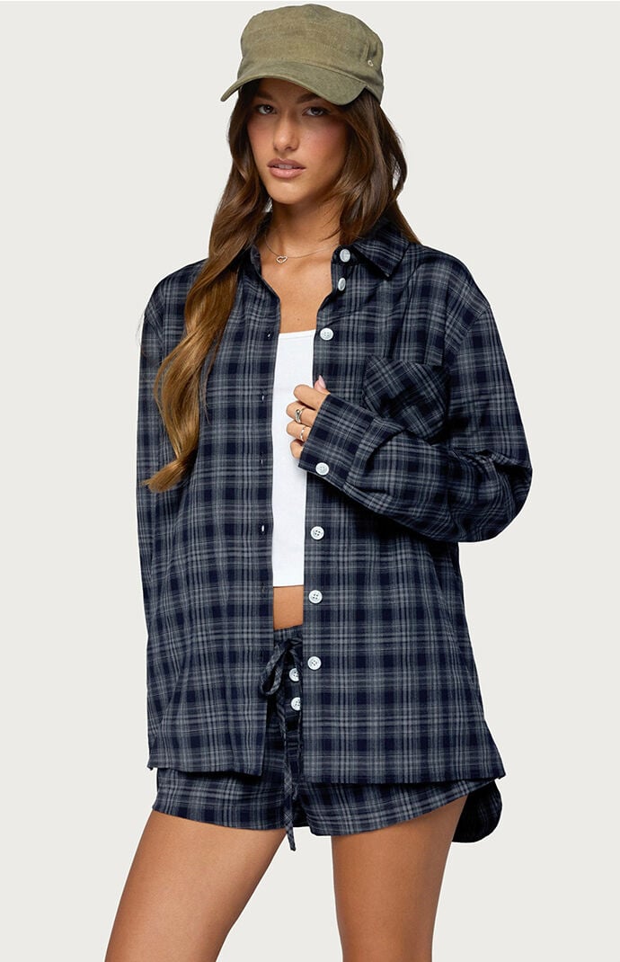 Edikted Alessa Plaid Button Up Long Sleeve Top