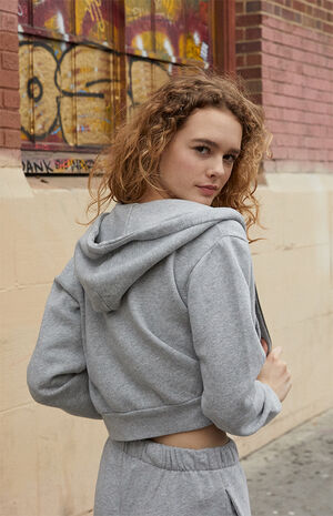 Brandy Melville Grey Gray Crop Fleece Zip-up Crystal Hoodie Sweater Jacket