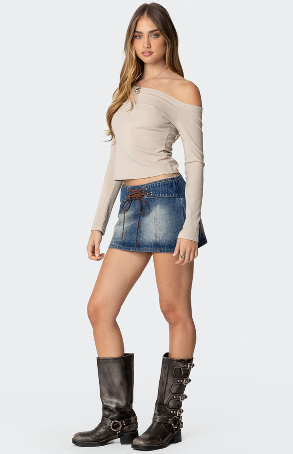 Edikted Tania Lace Up Denim Mini Skirt
