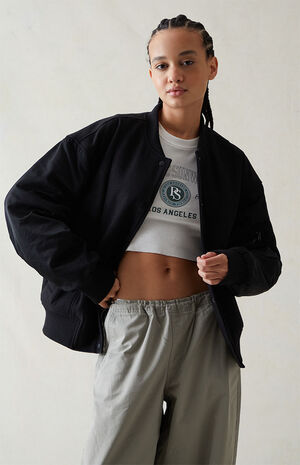 Black Wool Bomber Varsity Jacket image number 1