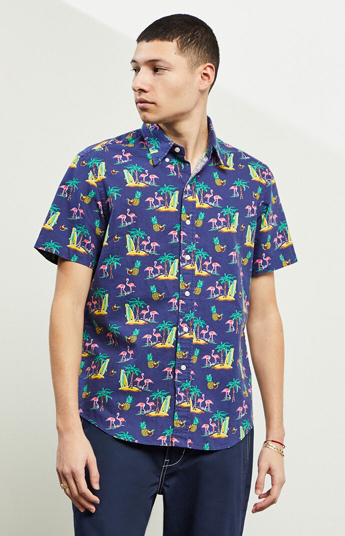 Coconut Flamingos Short Sleeve Button Up Shirt
