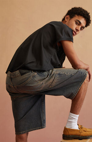 Dark Blue Tinted Clip Baggy Denim Shorts image number 5