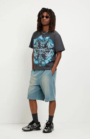 Washed&nbsp;Blue&nbsp;Fleece Baggy&nbsp;Sweat Shorts image number 1