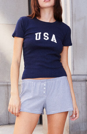 Navy & White Keira Striped Pajama Shorts image number 1