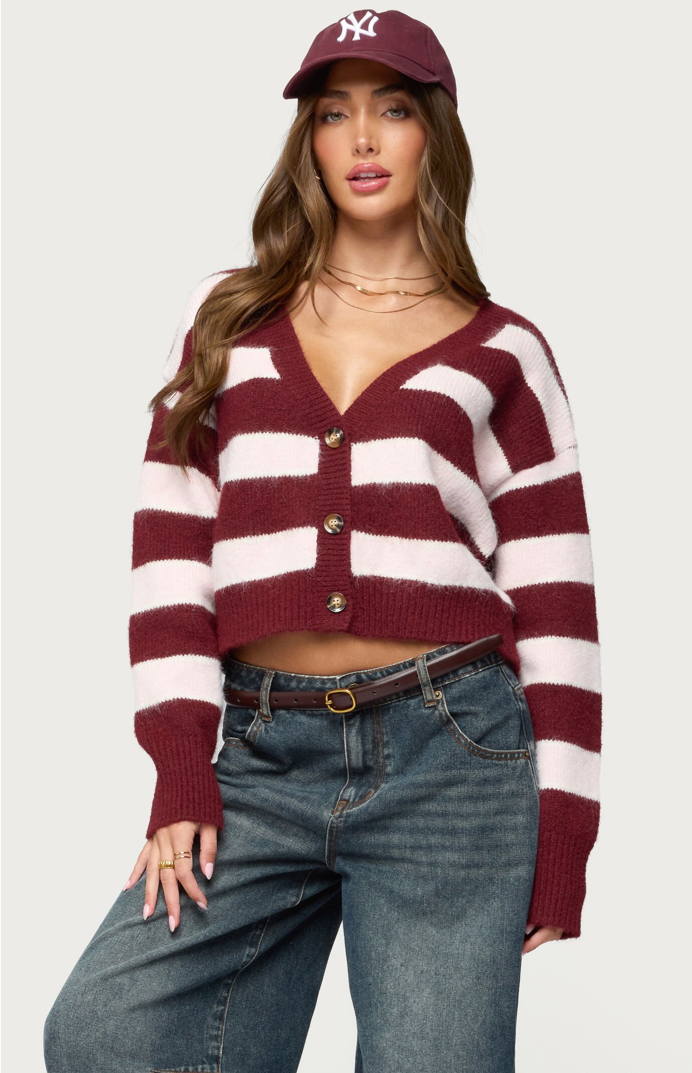 Edikted Kaz Striped Knit V Neck Cardigan
