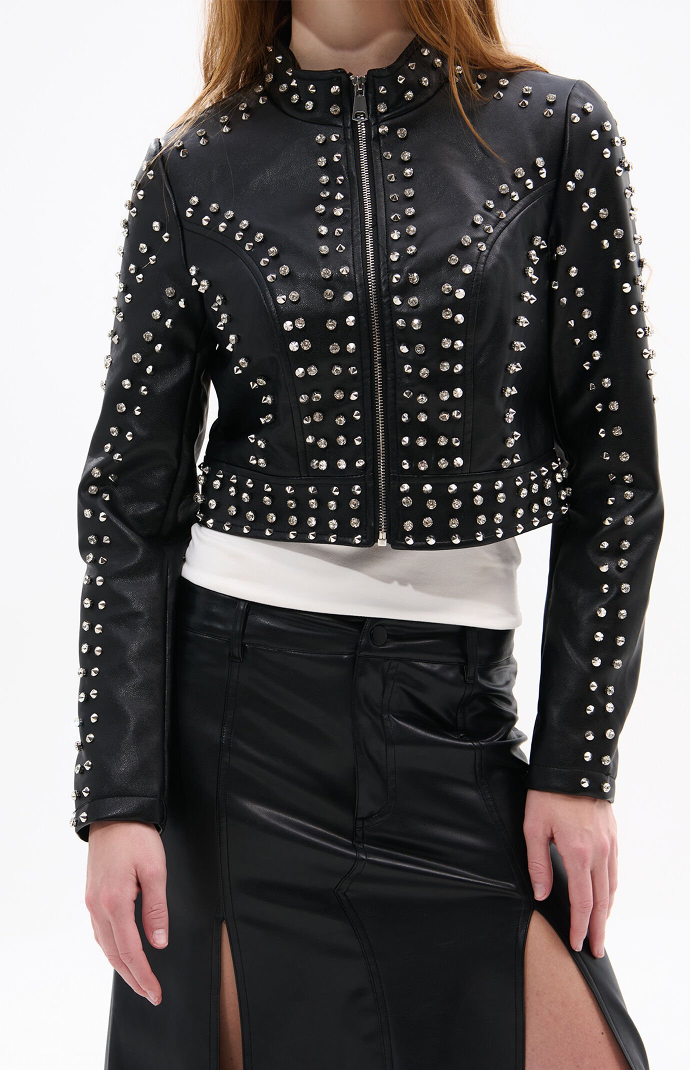 AZALEA WANG Silvia Crystal Faux Leather Moto Jacket