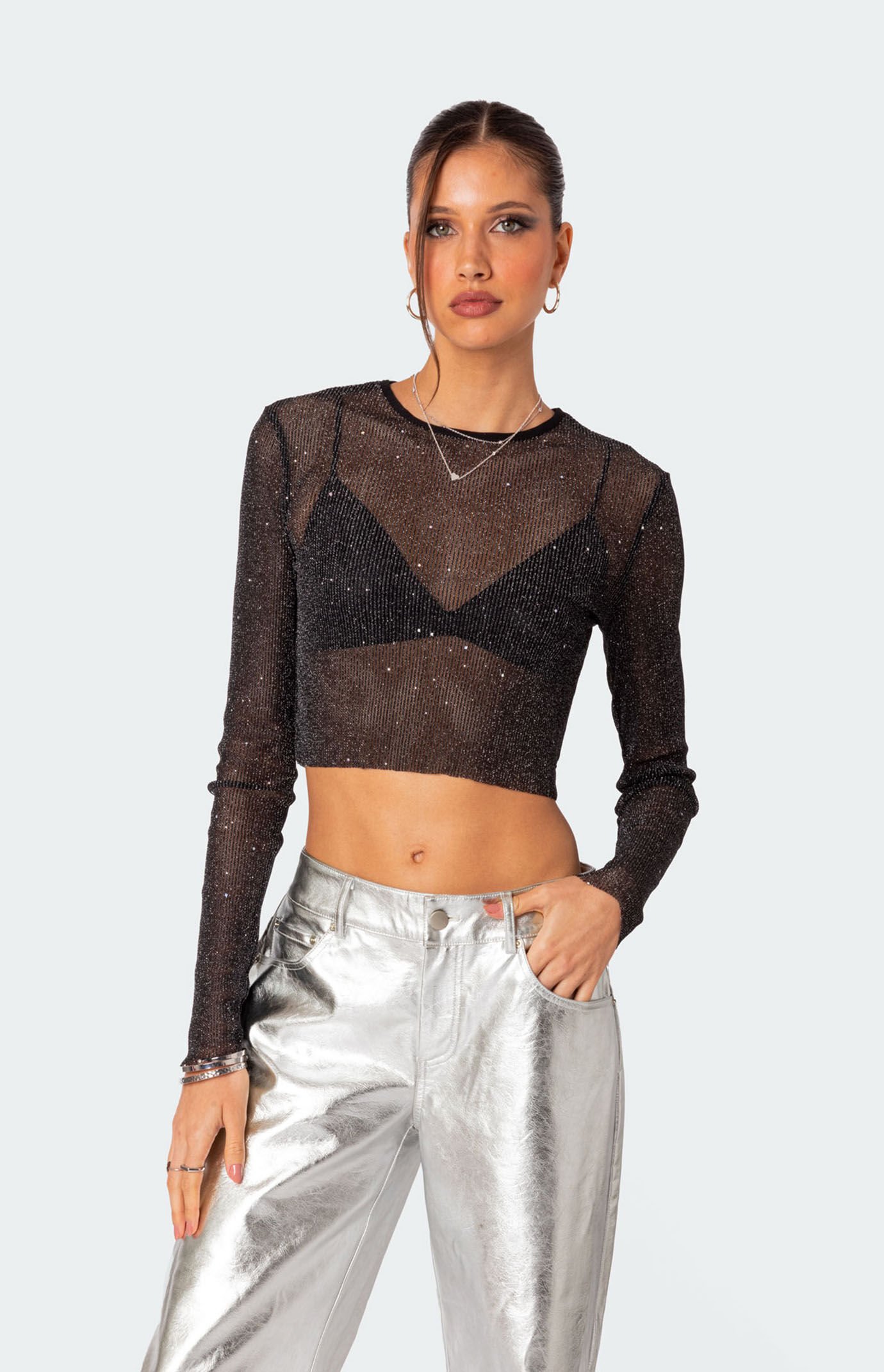 Sheer sparkle long top sleeve top