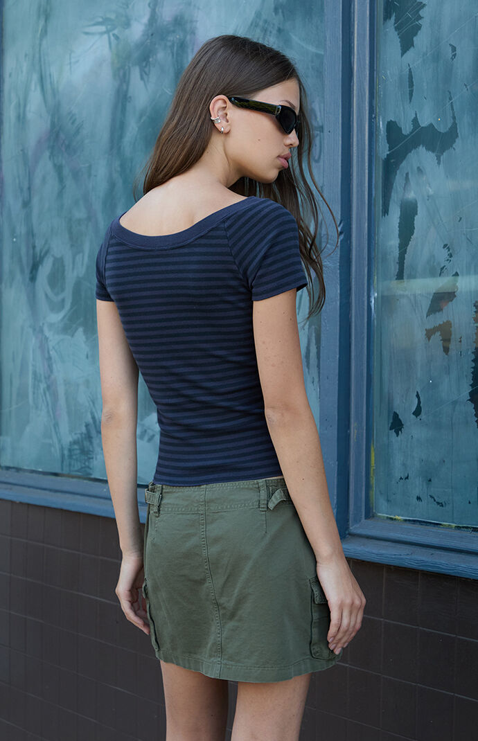 John Galt Black and Blue Ginny Striped Off-The-Shoulder Top