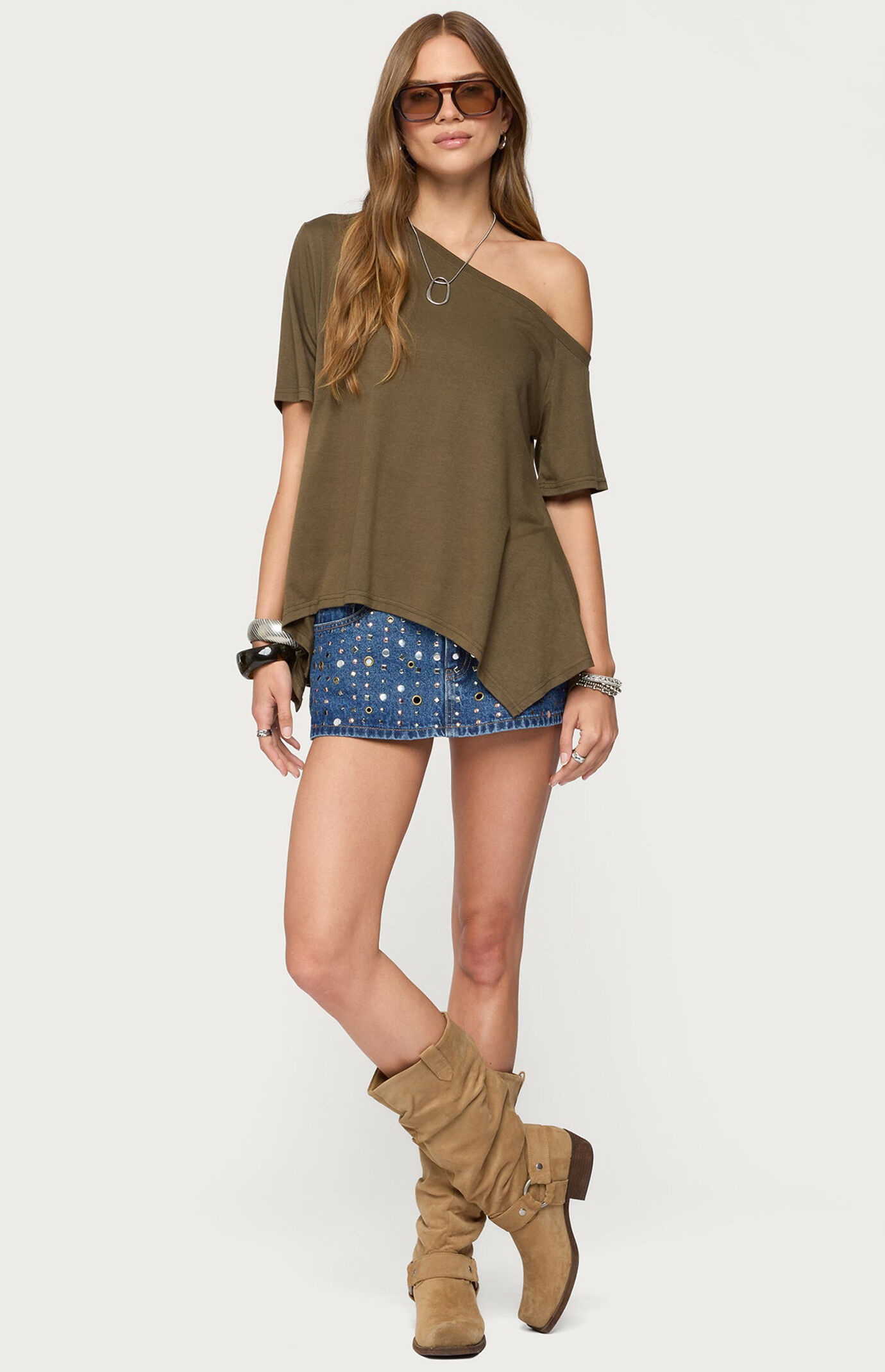 Edikted Studded Grommet Denim Mini Skort