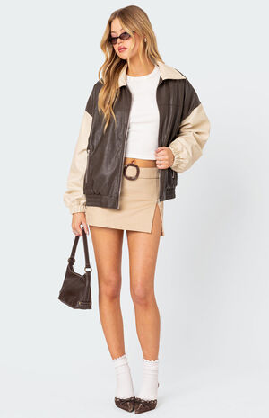 Two Tone Faux Leather Bomber Jacket image number 5